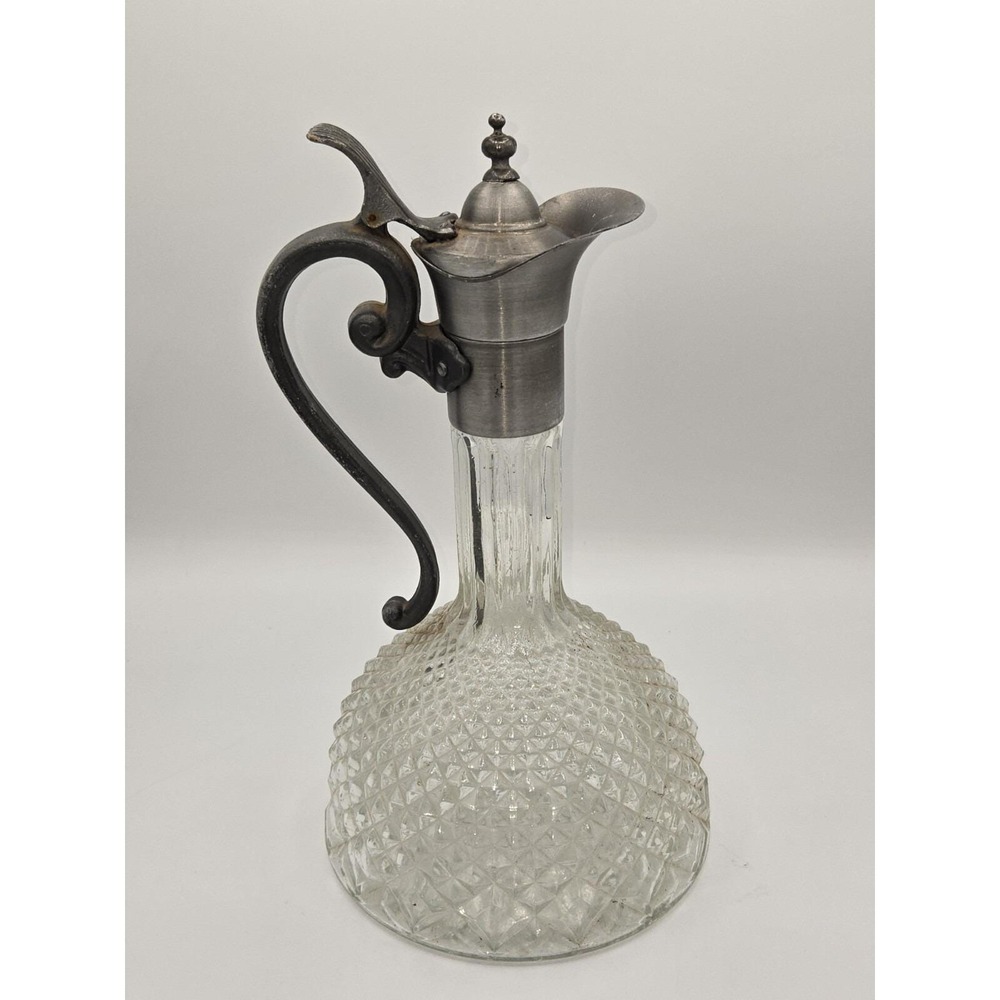 Vintage Diamond Cut Glass and Pewter Claret Jug Decanter with Hinged Lid Handle